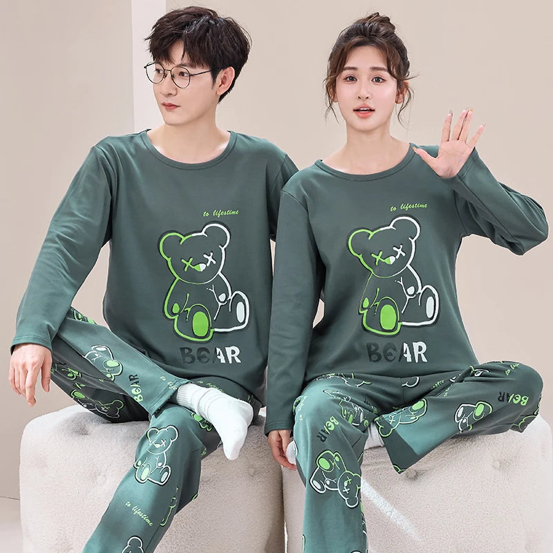 Big Size M-4XL Couple Pajamas Set Cute Cartoon Knited Cotton Sleepwear Women and Men Long Sleeve Pijamas Mujer