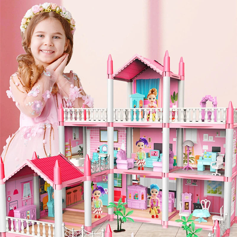 3D DIY Assembly Doll House Fantasy Princess Castle Villa Set Toys Girl Family Toys Children's Music Doll House Assembly Villa