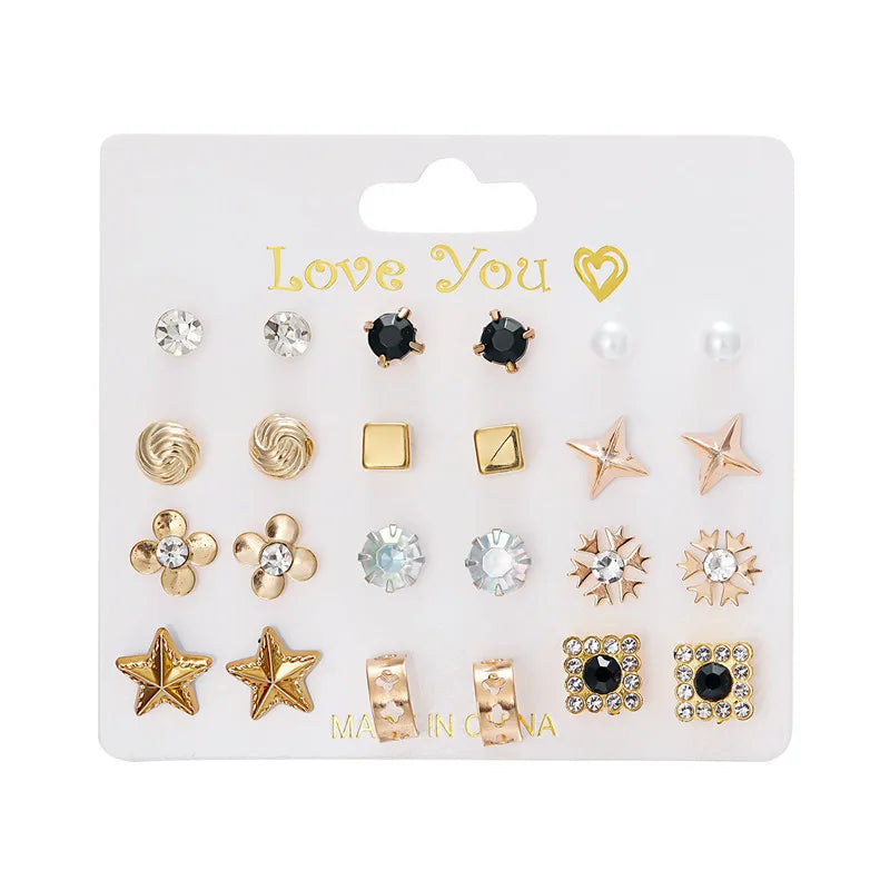 12 Pairs/Set Imitation Pearl Sun Star Flower Bow Heart Zircon Combination Paper Card Stud Earrings Set Fashion Geometric Earring