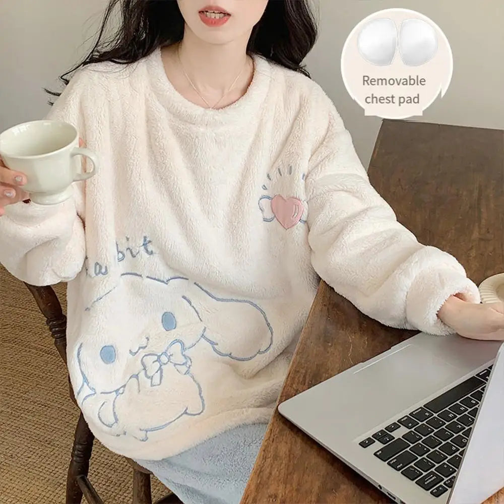 Cute Cinnamoroll Winter Pajamas Suit Sanrioed Anime Kawaii Cartoon Plush Homewear with Chest Pad Women Flannel Warm Nightwear