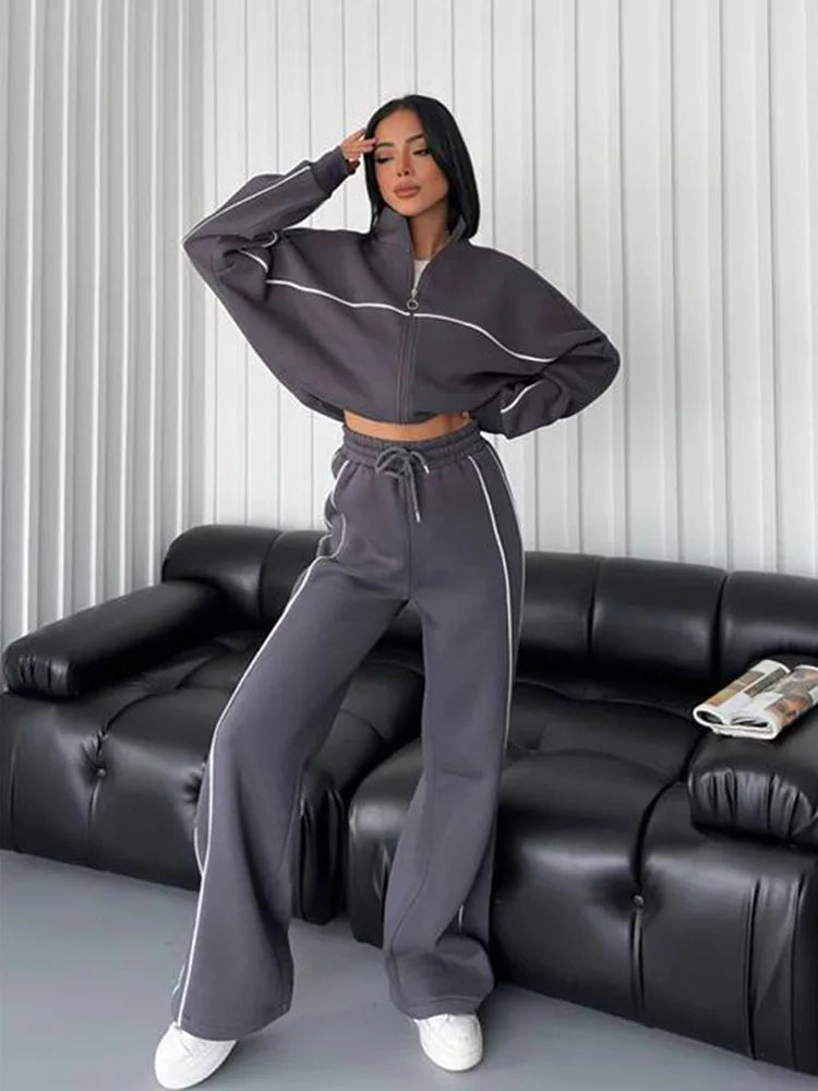 Casual Sports Suits Long Sleeved Half High Collar Cardigan Sweater Lace up Striped Pants Women Clothing Two Piece Set Tracksuit