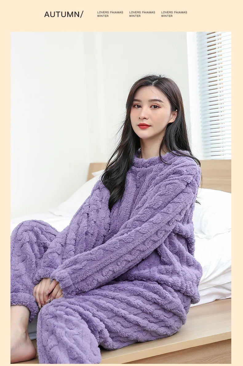 Women Fleece Pajamas Set 2024 Winter Sleepwear Solid Velvet 2 Piece Pant Home Suit Fluffy Casual Pajamas Warm O-neck Night Wear