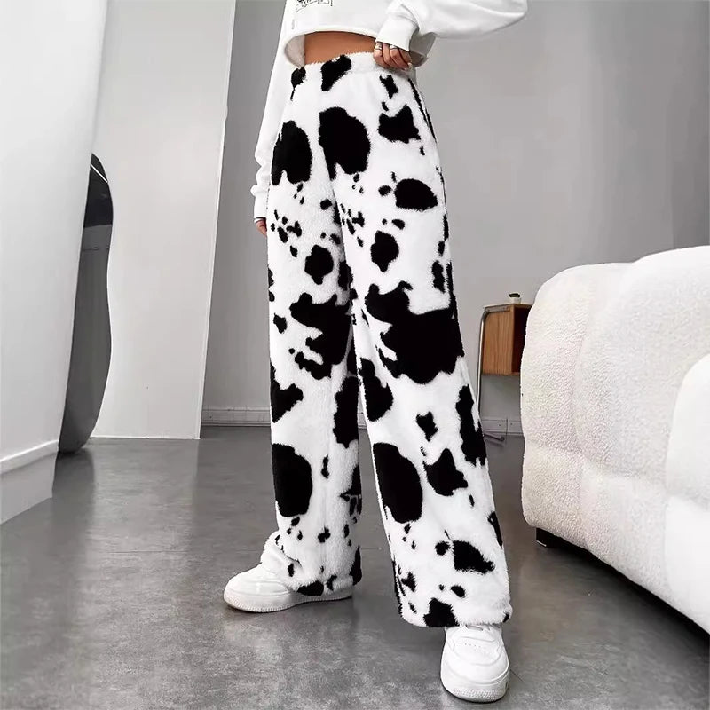 Milk Cow Printed Warm Women Plush Fur Elastic Pants High Waist Casual Loose Comfortable Pants Autumn Winter Female Vintage Pants