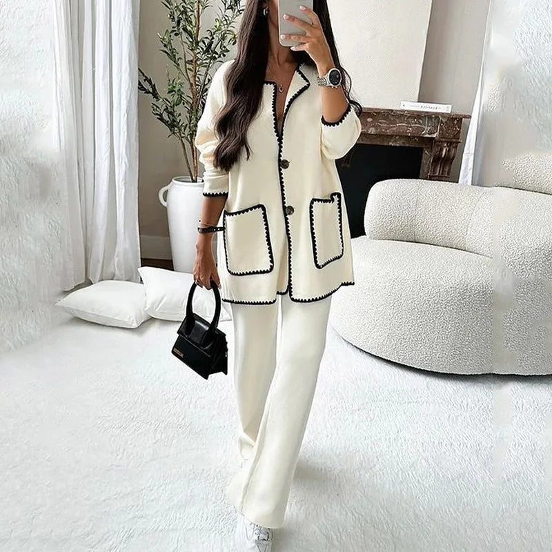 Autumn Suit Shirt And Blouses Cardigan Top Straight Long Pant Luxury 2-Piece Set Casual Elegant Women Fashion All-Match Clothes