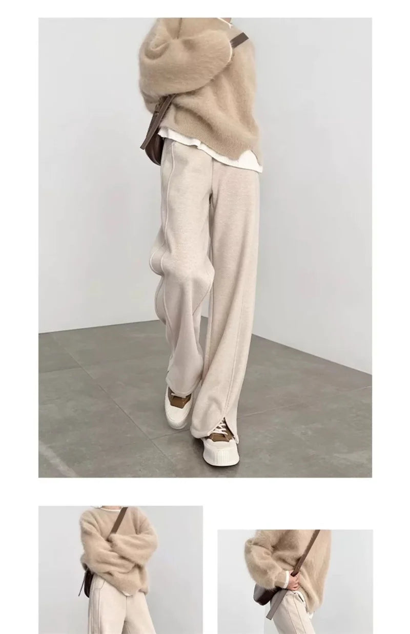 Women's Autumn/Winter New Herringbone Striped Flannel Wide leg Pants Woolen Split Pants Straight leg Narrow Version Banana Pants