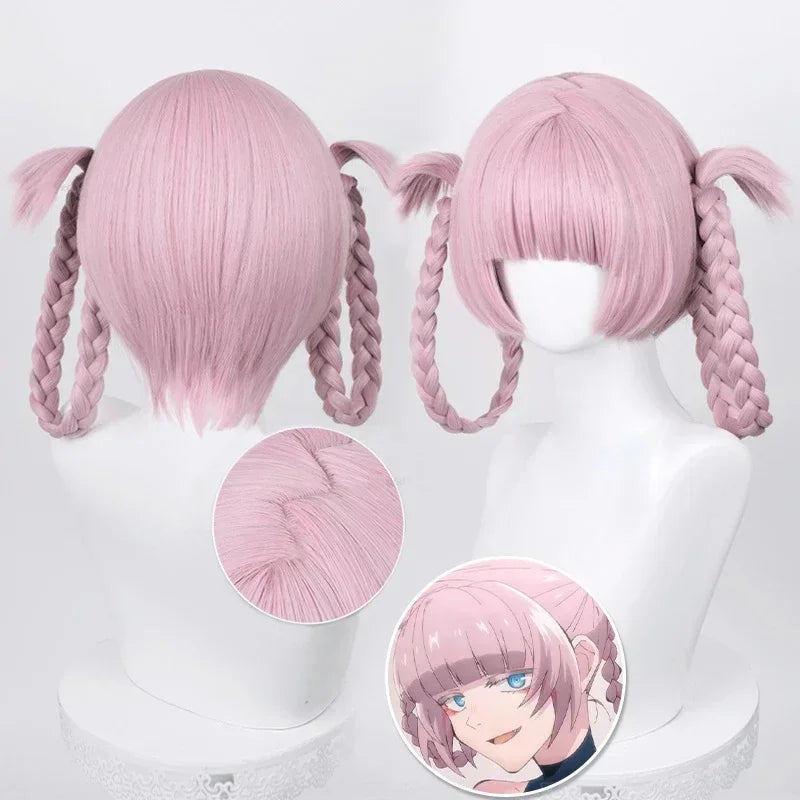 .Anime Call of the Night Nanakusa Nazuna Cosplay Wig Pink With Double Braid Yofukashi no Uta Nanakusa Nazuna Grayish Wigs