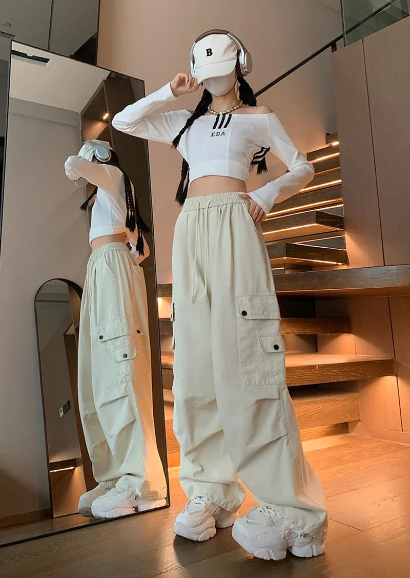 Y2K Cargo Pants Women Harajuku Oversized Sweatpants Black Pockets Wide Leg Joggers Streetwear High Waist Baggy Sports Trousers