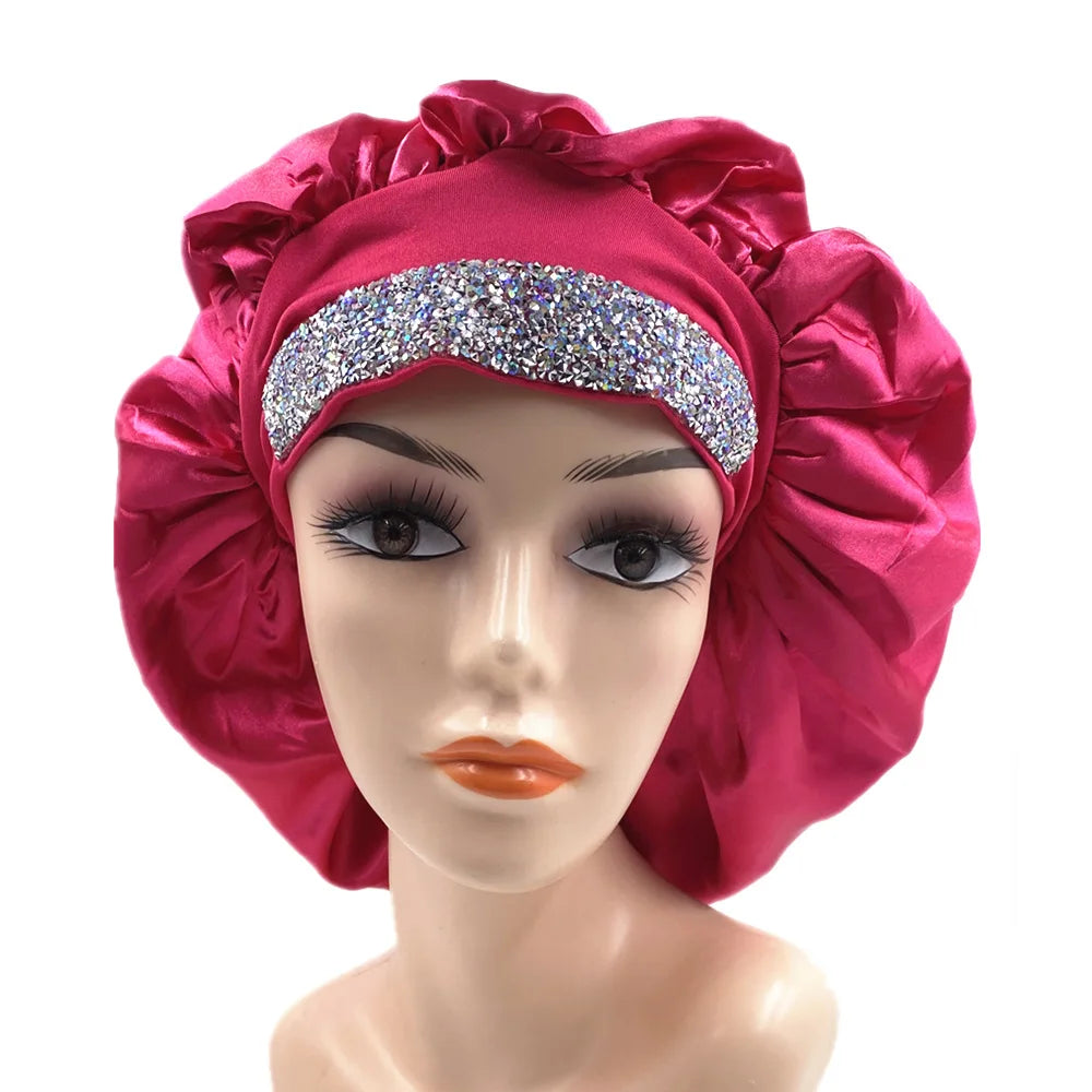 Glitter Rhinestone Wide Band Turban Women Hair Cover Satin Night Sleep Cap Bonnet Head Scarf Headwrap African Hat