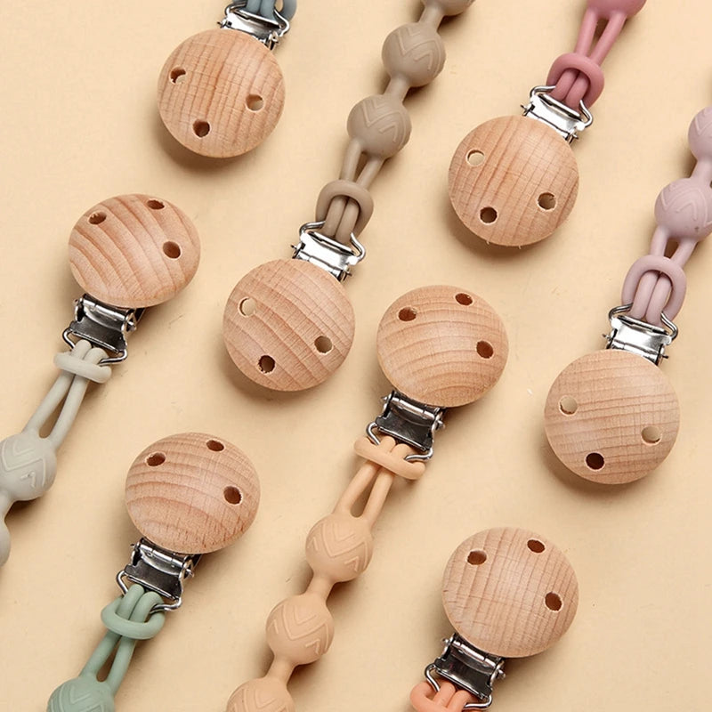 Beech Wood Chew Bead Pacifier Clips Dummy Chain Holder Newborn Soother Chains Nipple Holder For Babies Teething Toy Baby Chew