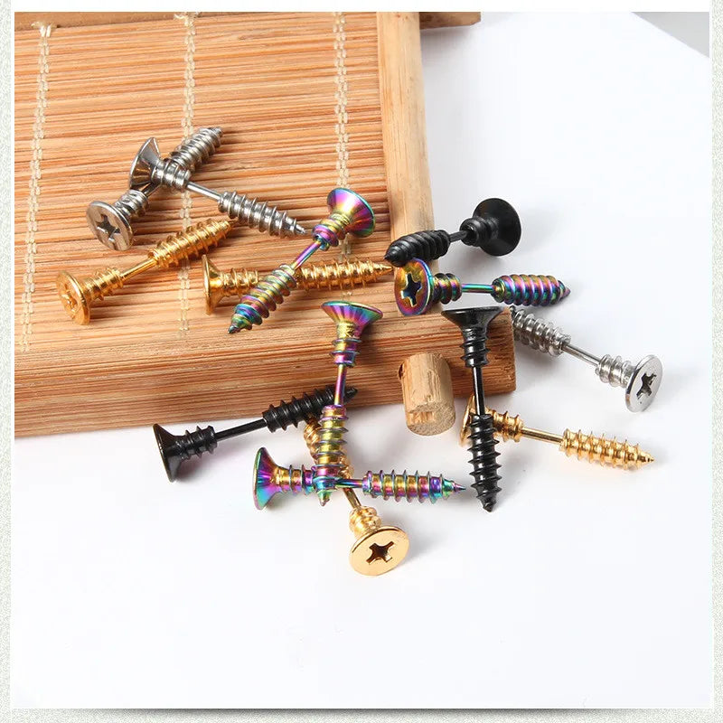 Hiphop Punk Screw Hammer Earrings Stainless Steel Fashion Tool Shaped Stud Ear Jewelry Party Gifts For Women Men