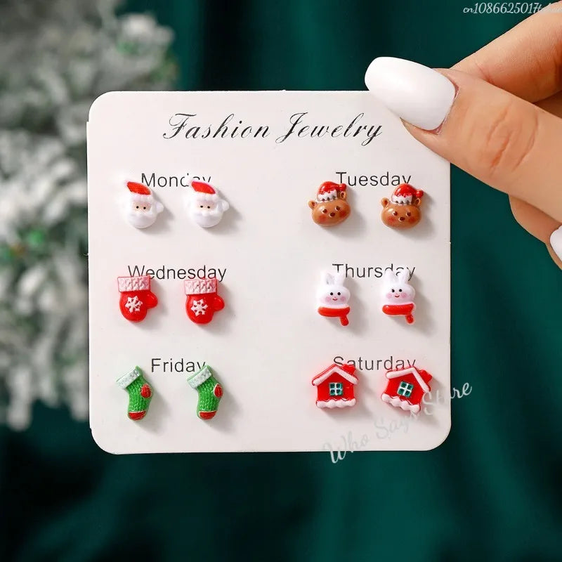 6 Pairs/Set Christmas Stud Earring For Women Cute Cartoon Resin Snowflake Santa Claus Elk Earrings Girl Party New Year Jewelry