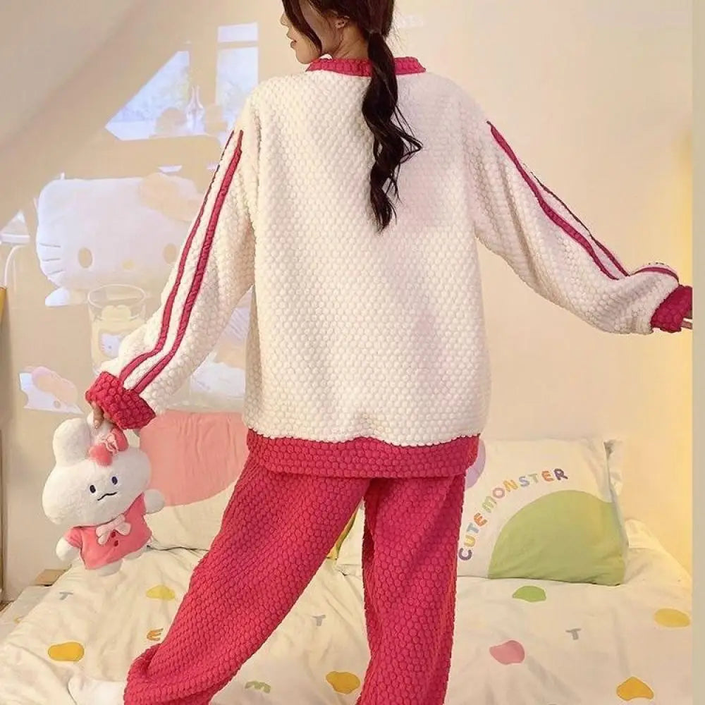 Women Cute Hello Kitty Pajamas Pants Suit Sanrioed Anime Kawaii Spring Winter Cardigan Plush Coral Fleece Red Cartoon Homewear