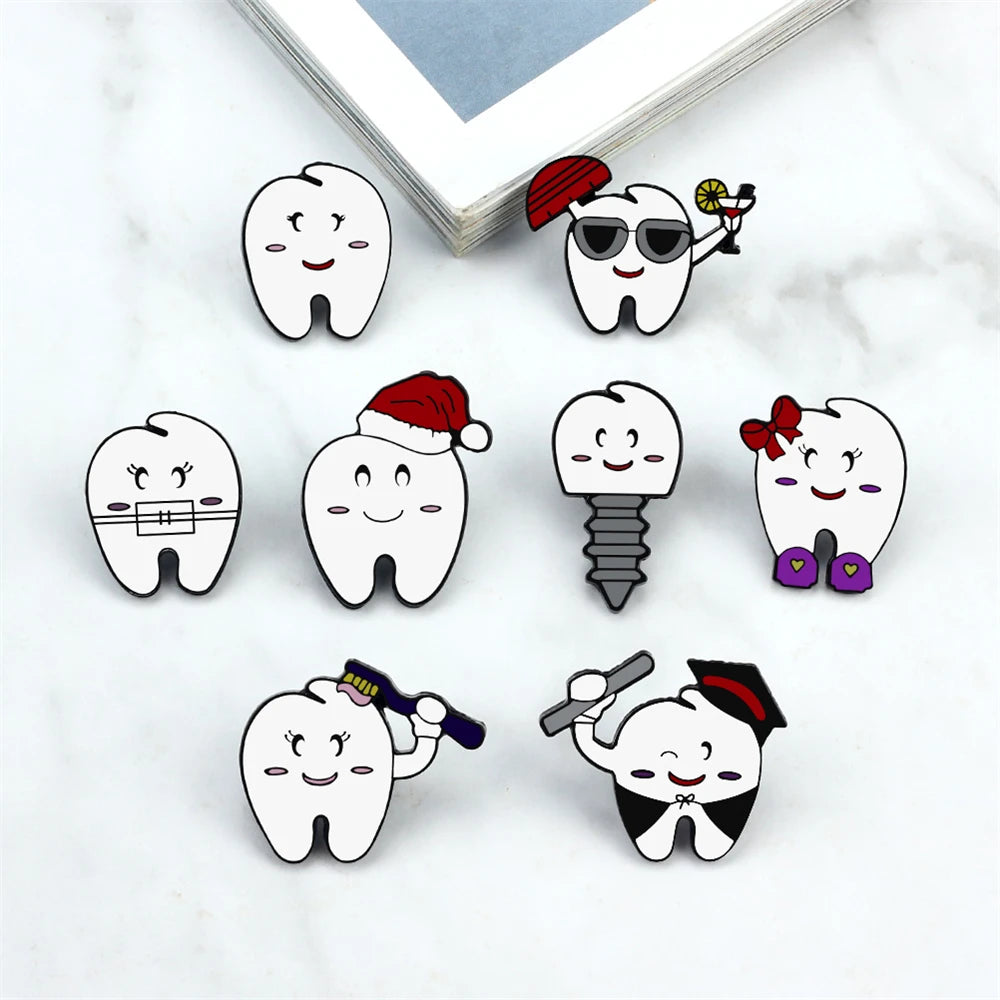 Cartoon Teeth Collection Brooch Protect Tooth Enamel Pins Cute Smile Dentist Badge Jewelry Bag Lapel Metal Pin Jewelry Kids Gift