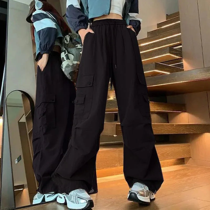 Y2K Cargo Pants Women Harajuku Oversized Sweatpants Black Pockets Wide Leg Joggers Streetwear High Waist Baggy Sports Trousers