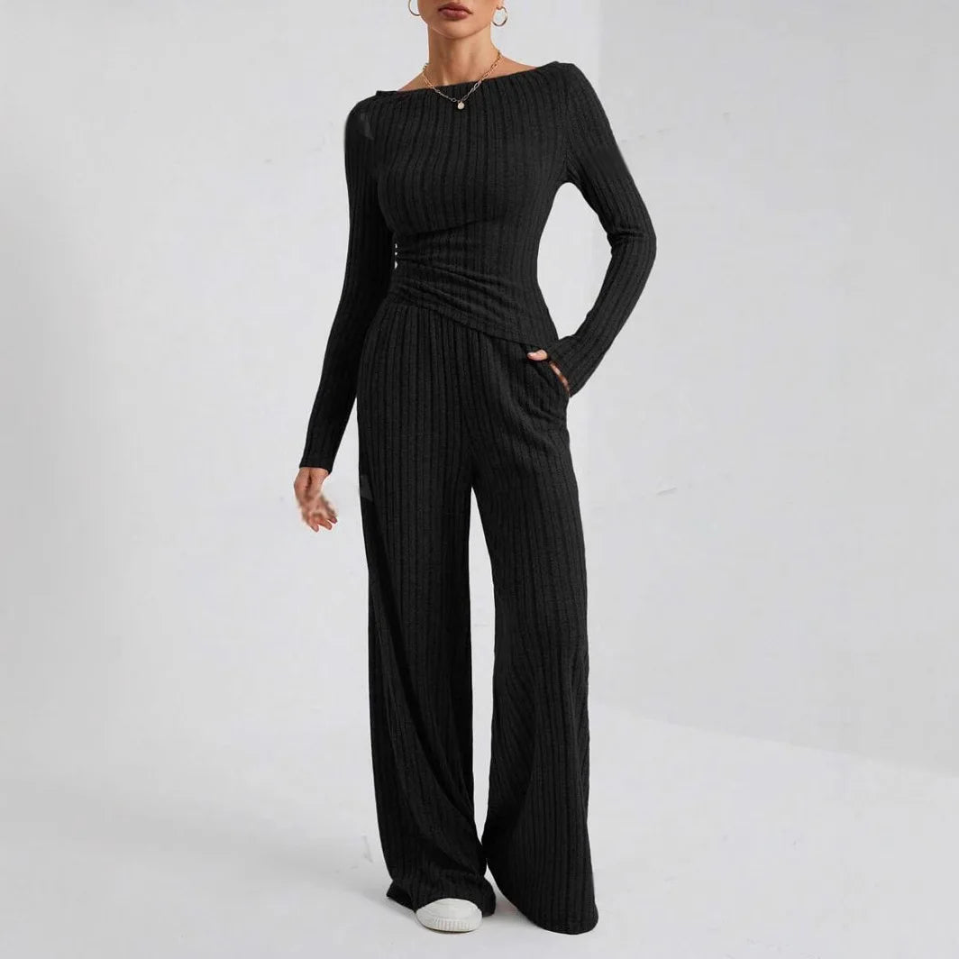 2024 Spring Knitted 2 Piece Sets Women Tracksuit Long Sleeve Vintage Sweater Crop Top Flare Pants Stretch Matching Suit Outfit