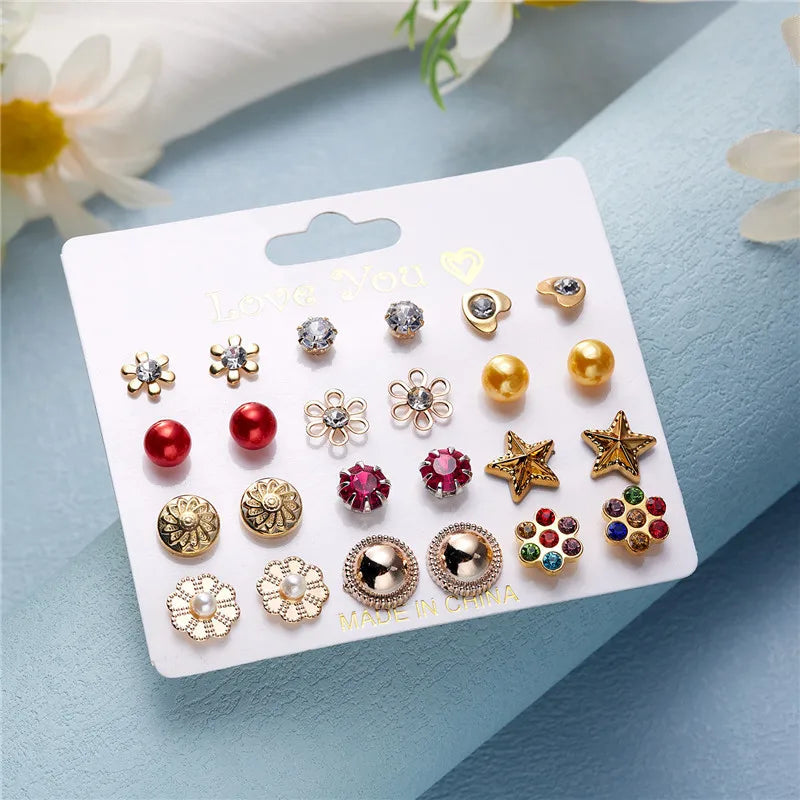 12 Pairs/Set Imitation Pearl Sun Star Flower Bow Heart Zircon Combination Paper Card Stud Earrings Set Fashion Geometric Earring