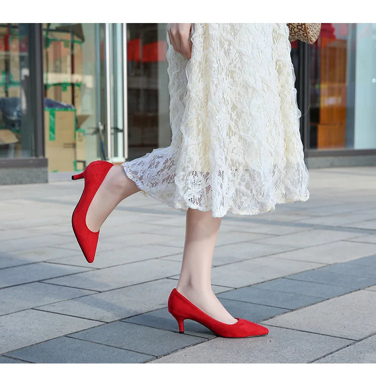 Low Heel Pumps Lady Pointed Toe Kitten Heels Female Green Flock Plus Size 43 44 45 46 Red Shoes 2023 Women 5cm High Heels