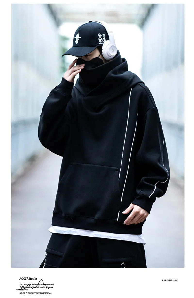 Autumn Windbreaker Turtleneck Hooded Sweatshirts For Men New Ninja Oversized Hoodies Women Line Print Y2K Streetwear Hoodie