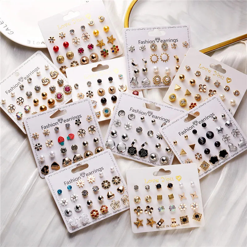 12 Pairs/Set Imitation Pearl Sun Star Flower Bow Heart Zircon Combination Paper Card Stud Earrings Set Fashion Geometric Earring