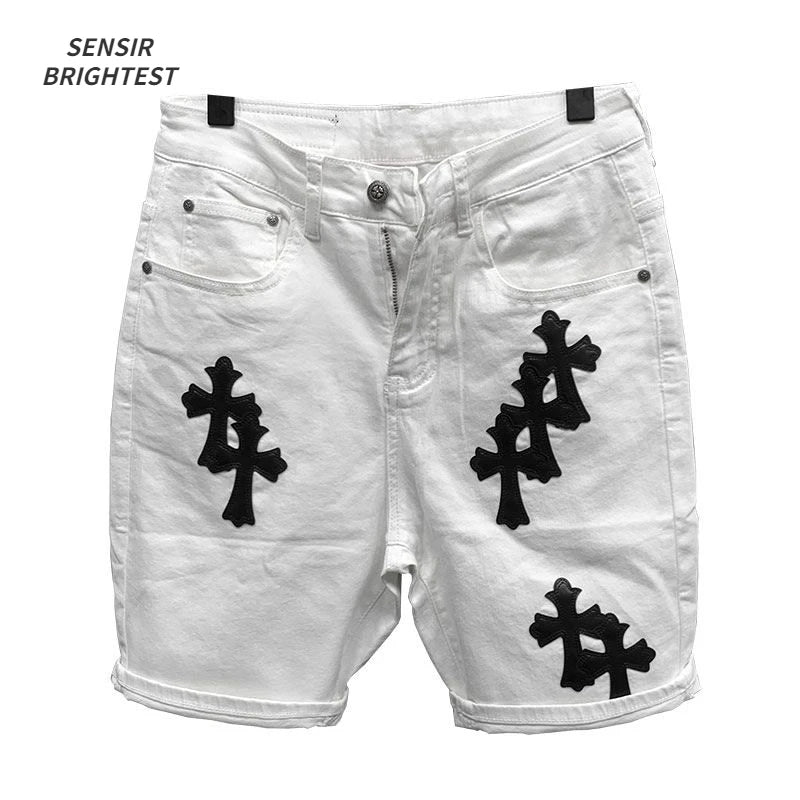 Summer Cotton Elastic Shorts Men's American Style Street Fashion Brand Embroidered White Denim Shorts For Men And Women