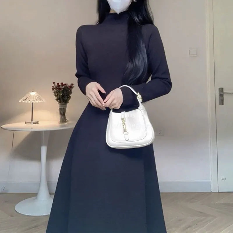 Solid Half High Collar Long Sleeve Jersey Dress Loose Casual Sweat All Match A-line Skirt Elegant Fashion Harajuku Wool Dress