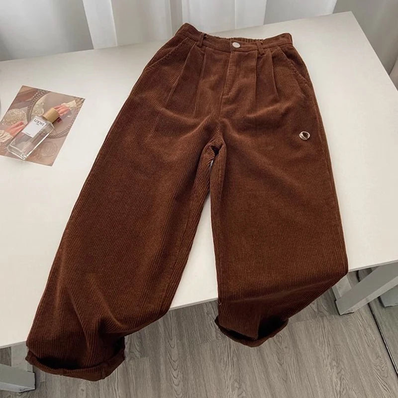 Retro High Waist Corduroy Pants Women Spring Fall Straight Causal Full Length Trousers Korean Fashion Baggy All Match Black Pant