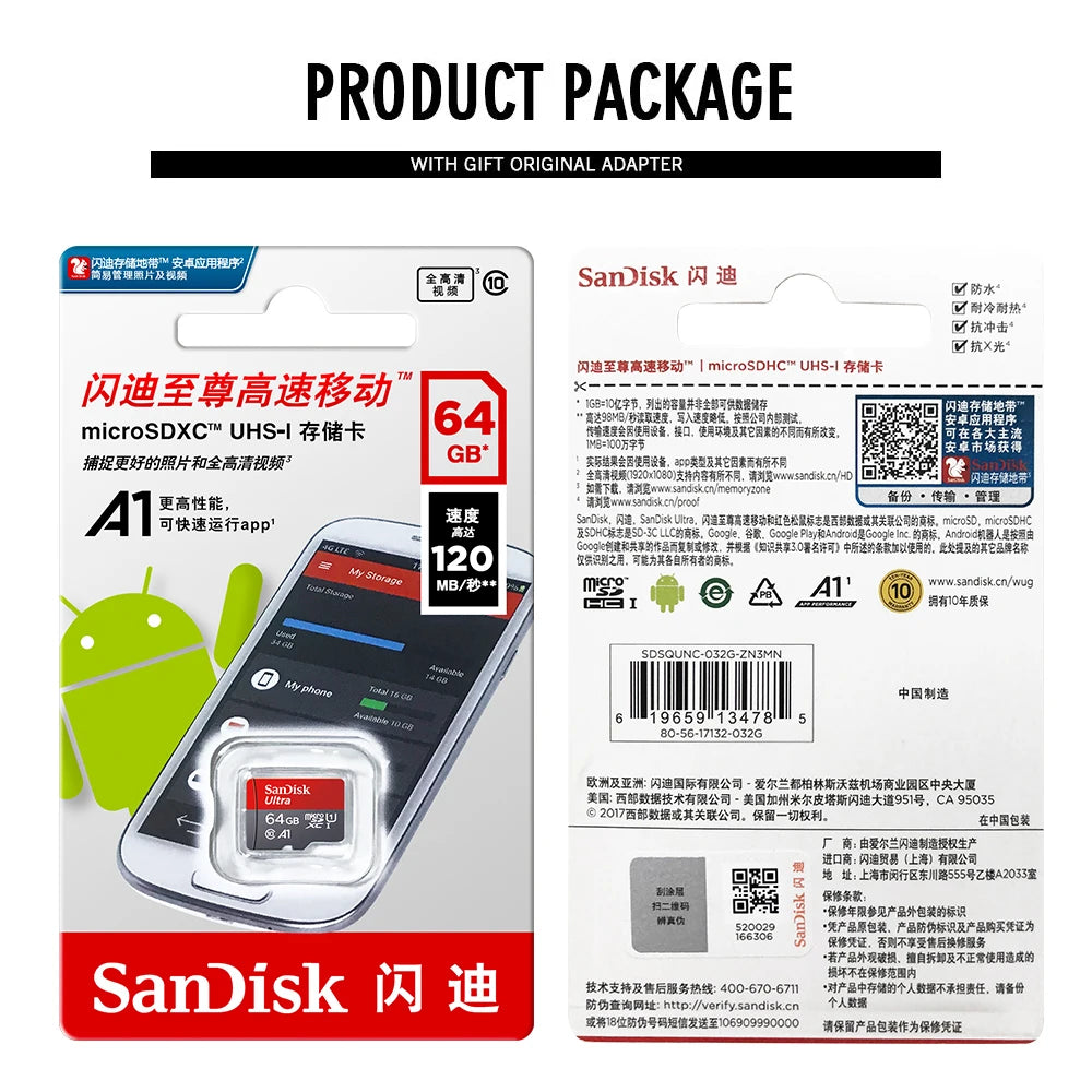 Original Sandisk Memory Card 256GB 128GB 64GB 32GB TF micro sd card Class 10 UHS-1 flash card Memory Microsd for Samrtphone PC