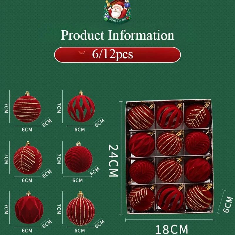 12pcs 6cm Wine Red Christmas Ball Ornaments Christmas Tree Party Decoration New Year Christmas Spheres Pendant Velvet Balls 2025