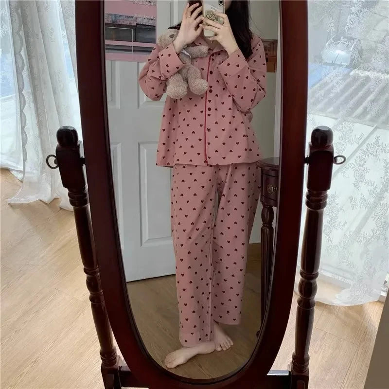 Large Size Sexy Nightwear Women Sleepwear Autumn and Winter Cardigan Home Wear Peach Heart Long Sleeves School Silk Pajamas