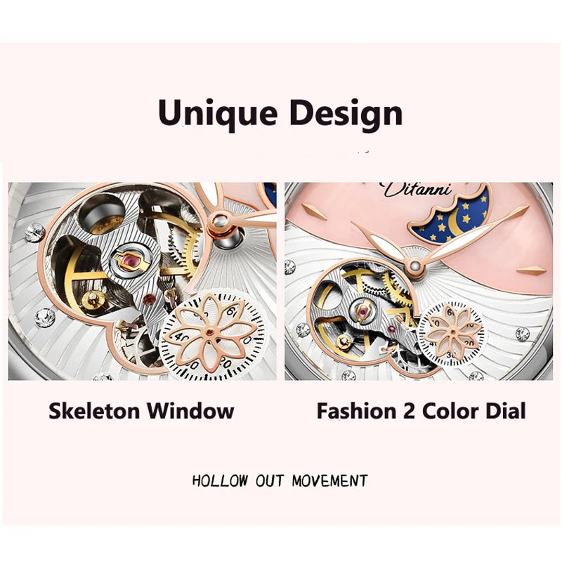 Rotatable Flowers Female Watch Women Top Brand Luxury Fashion Moon Phase Waterproof Lady Automatic Mechanical Watches Reloj