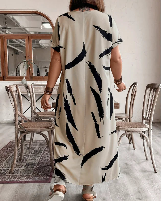 Women's Vacation Casual Dress 2025 Spring Summer Latest Round Neck Short Sleeved Explosive Print Slit Maxi Dress Long Skirt