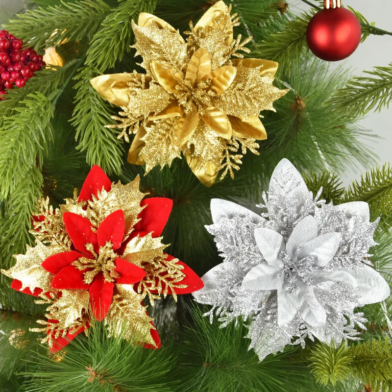 3/10pcs 14cm Christmas Flowers Glitter Red Gold Flower Head Xmas Tree Ornament New Year Decorations for Home Navidad Noel Gifts