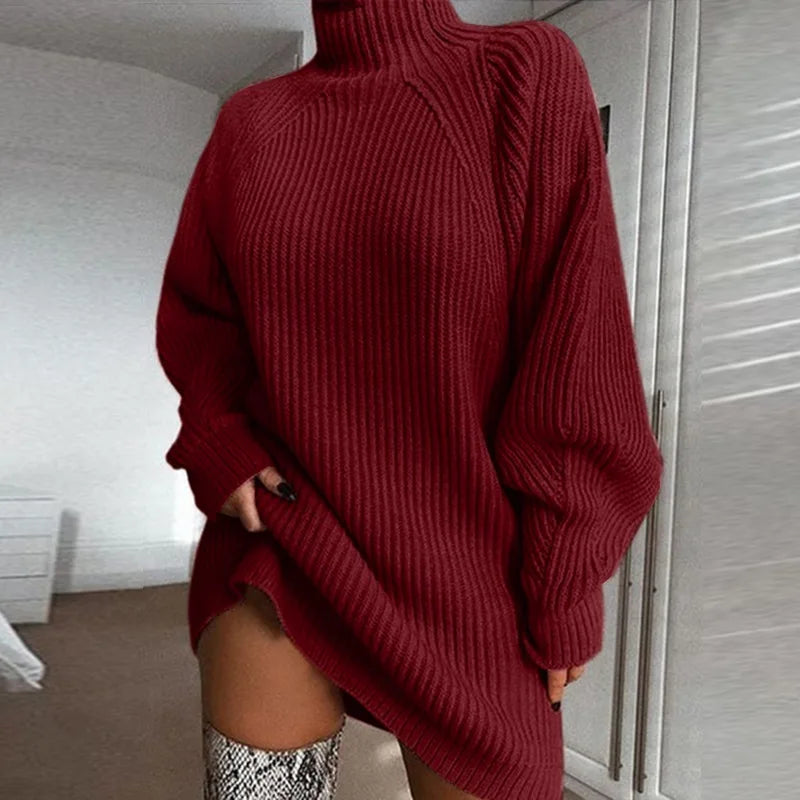 2024 Autumn/Winter New Knitted Sweater Fashionable and Sexy Medium to Long Sleeve Half High Collar Sweater Dress