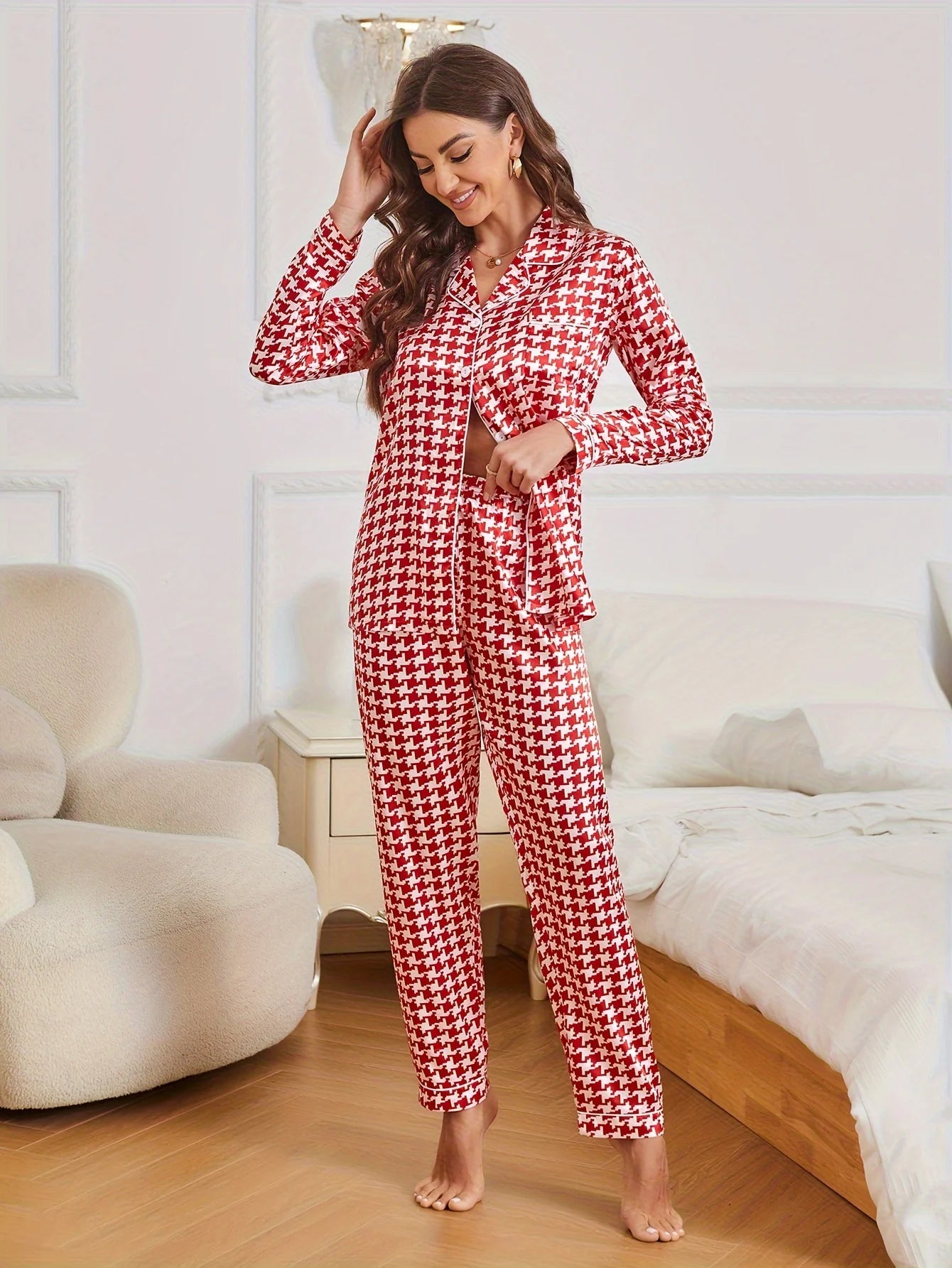 Luxurious Houndstooth Satin Pajama Set - Elegant Long Sleeve Buttons Lapel Top, Stretchy Elastic Pants, Exquisitely Designed for