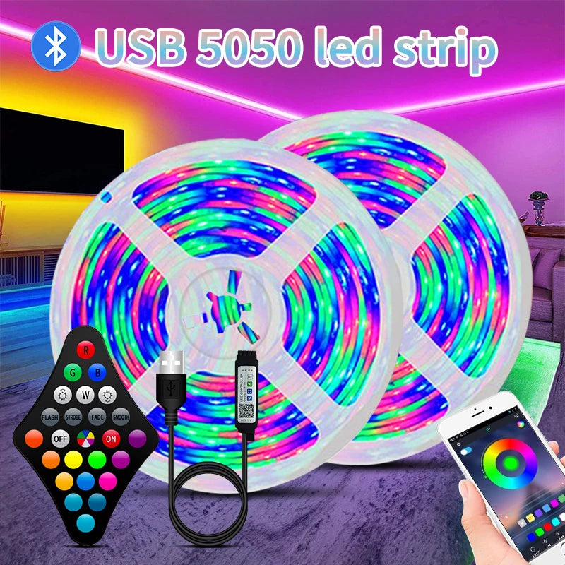 1M-30M USB LED Strip Lights 5050 RGB APP Control Color Changing Lights with 24 Keys Remote Mode for Room Decoration Bluetooth TV