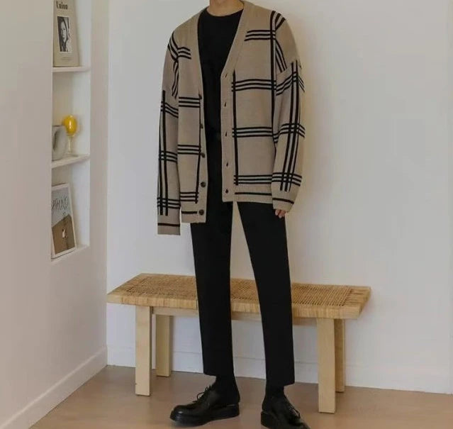 Men's Clothing Cardigan Plaid Knit Sweater Male V Neck Long No Hoodie Wool Casual Sale Best Selling Products 2024 Classic Street