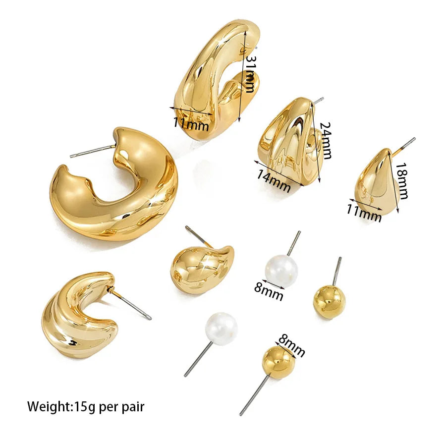 6Pcs Classic Geometry Glossy Ccb Gold Plated Waterdrop C Shape Hoop Earrings Set for Women Teens Vintage Daily Wear Ear Jewelry