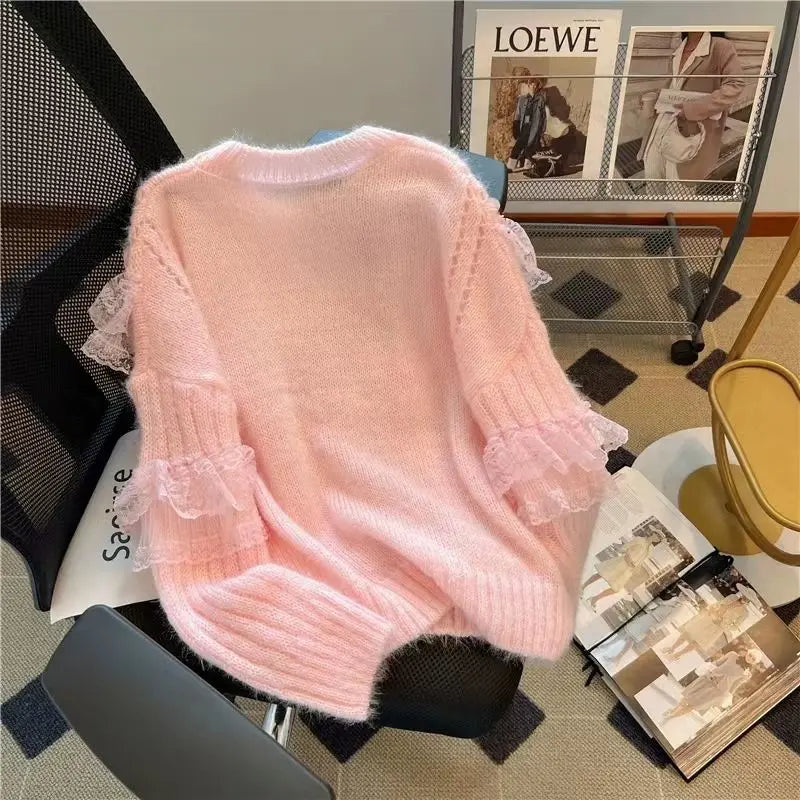 Kimotimo Japanese Sweet Lace Patchwork Sweater Women Autumn Winter Beading Fashion O Neck Loose Long Sleeve Knitted Pullover Ins