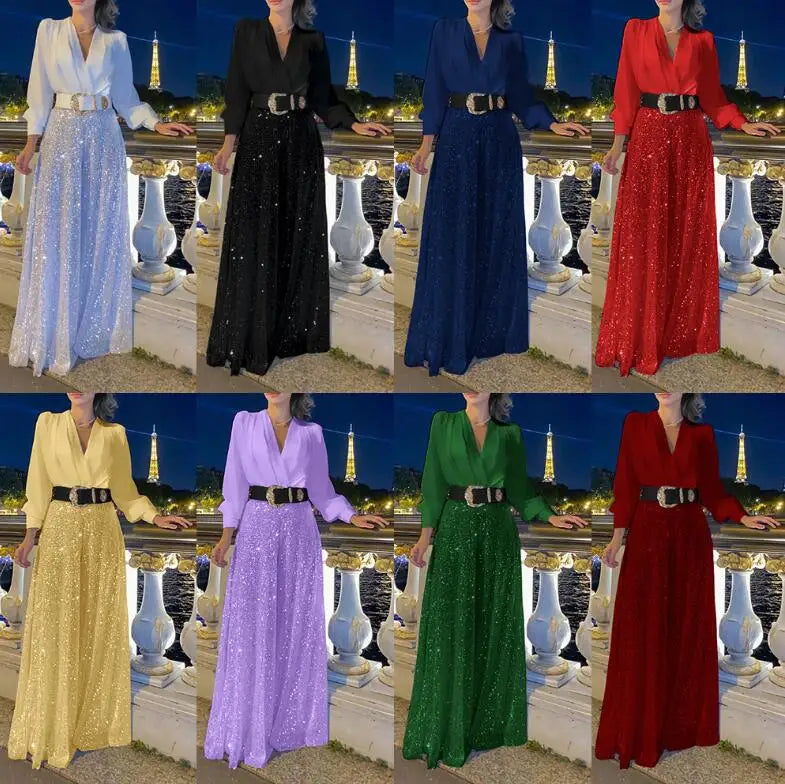 Spring/Summer New Fashion V-neck Long sleeved Waist Slim Fit Sequin Solid Color Jumpsuit,10 Colors And With Belt