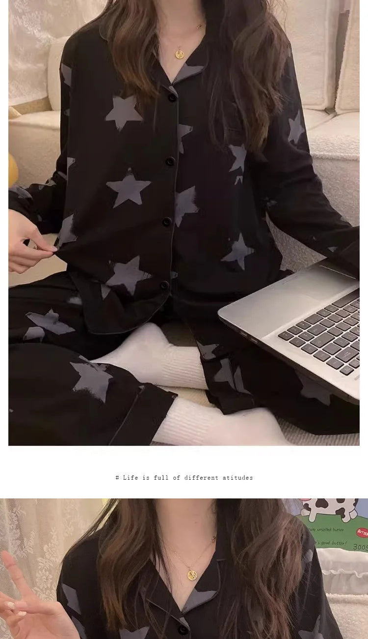 Star Full Print Pajamas for Women Spring and Summer New Long Sleeve Black High-end Home Wear Women's Pajamas Nightwear Sleepwear