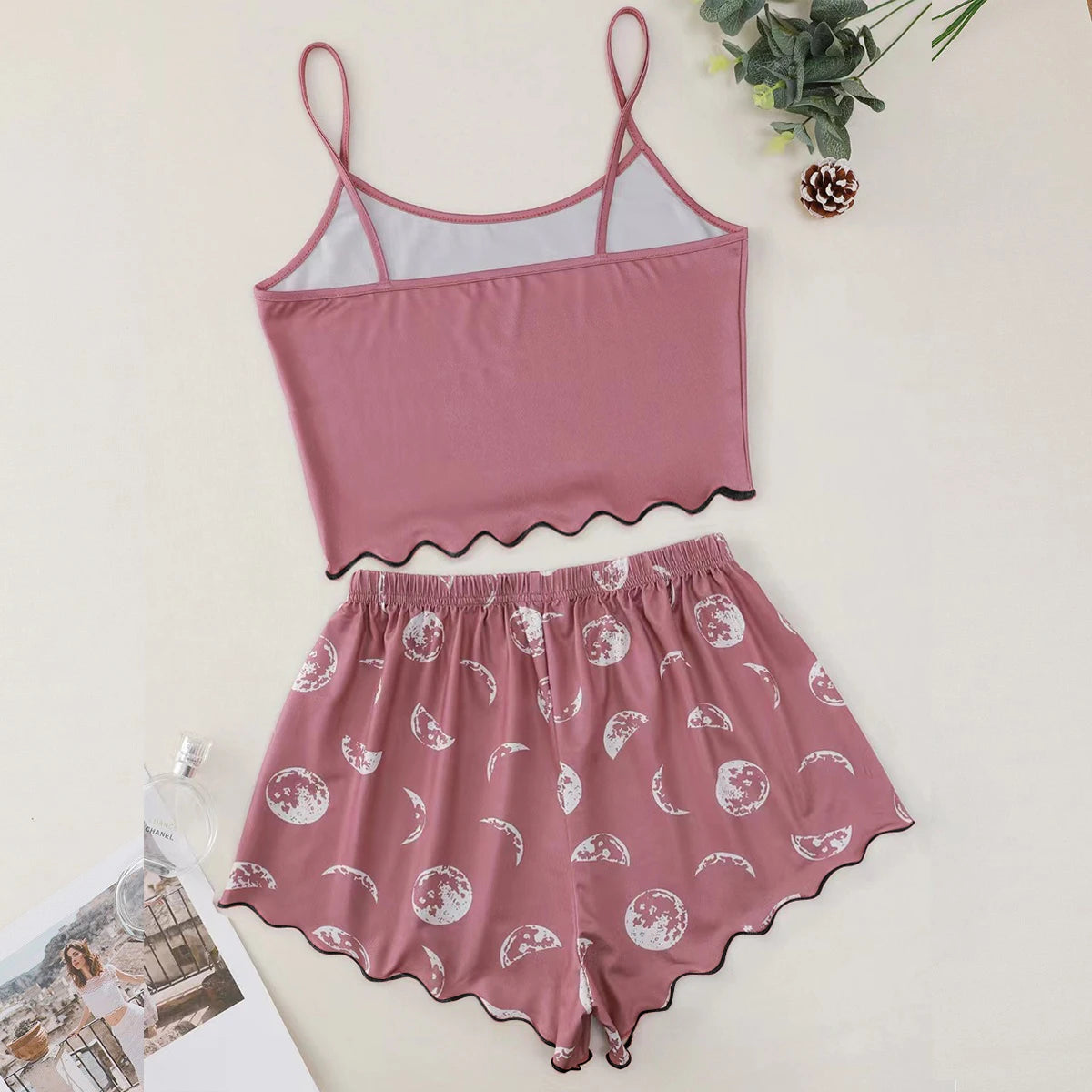 Trendy Women's Eclipse MOON CHILD Monogram Print Solid Color Halter Top And Shorts Cute Style Pure Playful Home Wear Set