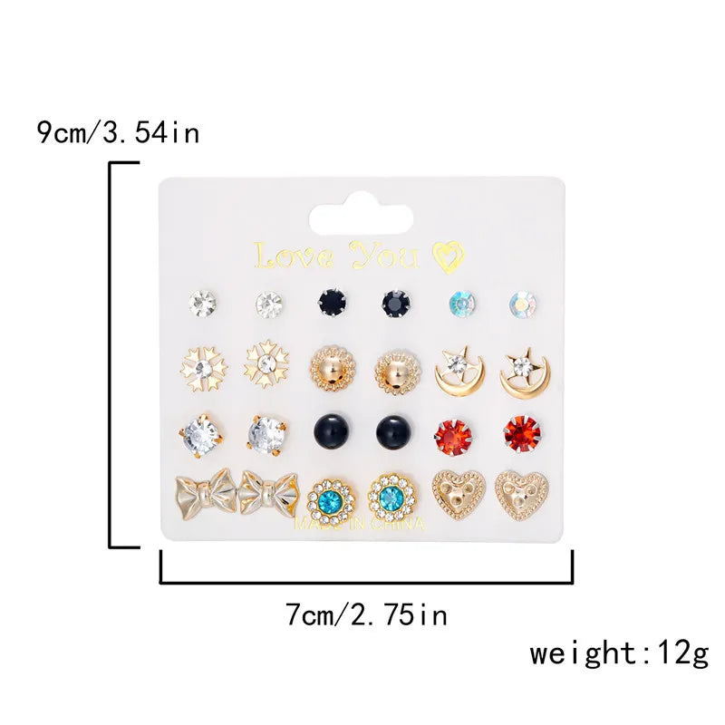 12 Pairs/Set Imitation Pearl Sun Star Flower Bow Heart Zircon Combination Paper Card Stud Earrings Set Fashion Geometric Earring