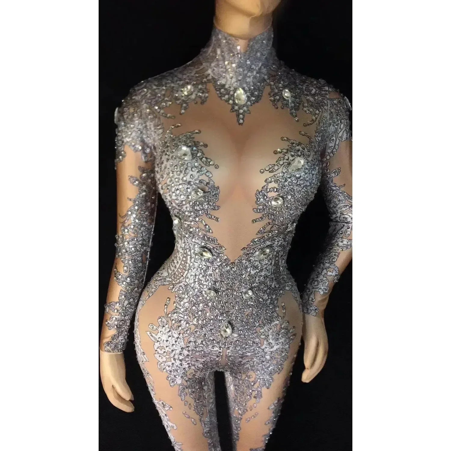 Rhinestones Sparkly Jumpsuit Fashion Sexy Nude Big Stretch Dance Costume One-piece Bodysuit Birthday Outfit Party Leggings