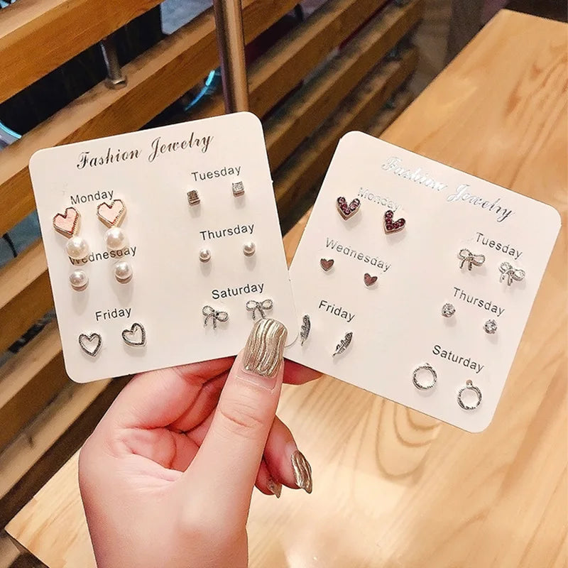 2024 Korean Fashion Exquisite Af Aweek Earrings Set 7 Pairs of Simple and Sweet  Earrings Set Combination of Week Jewelry Gifts