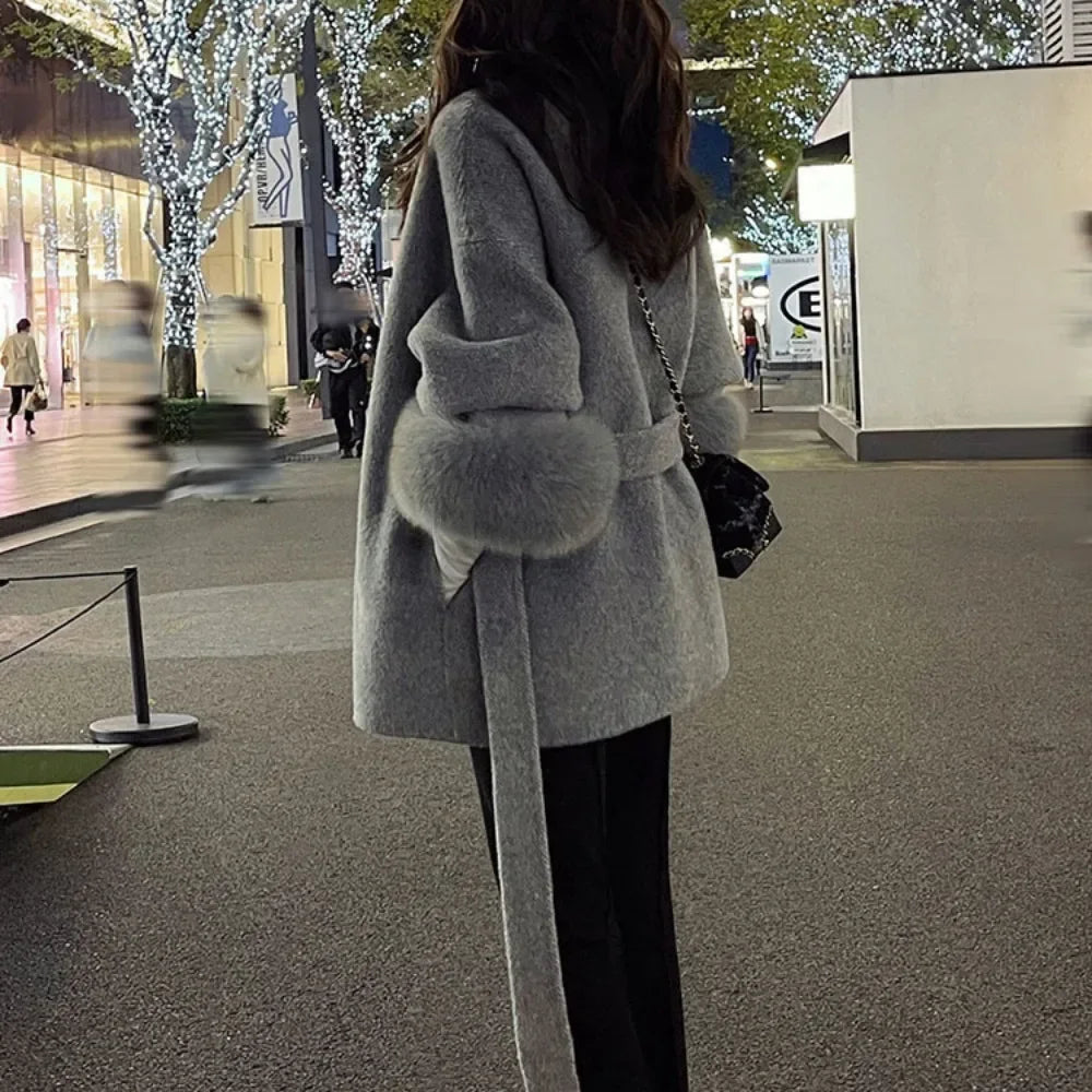 High End Double-sided Wool Strapping Real Wool Fur Coat Women's Removable Cuffs Fox Fur Temperament Cashmere Short Jacket