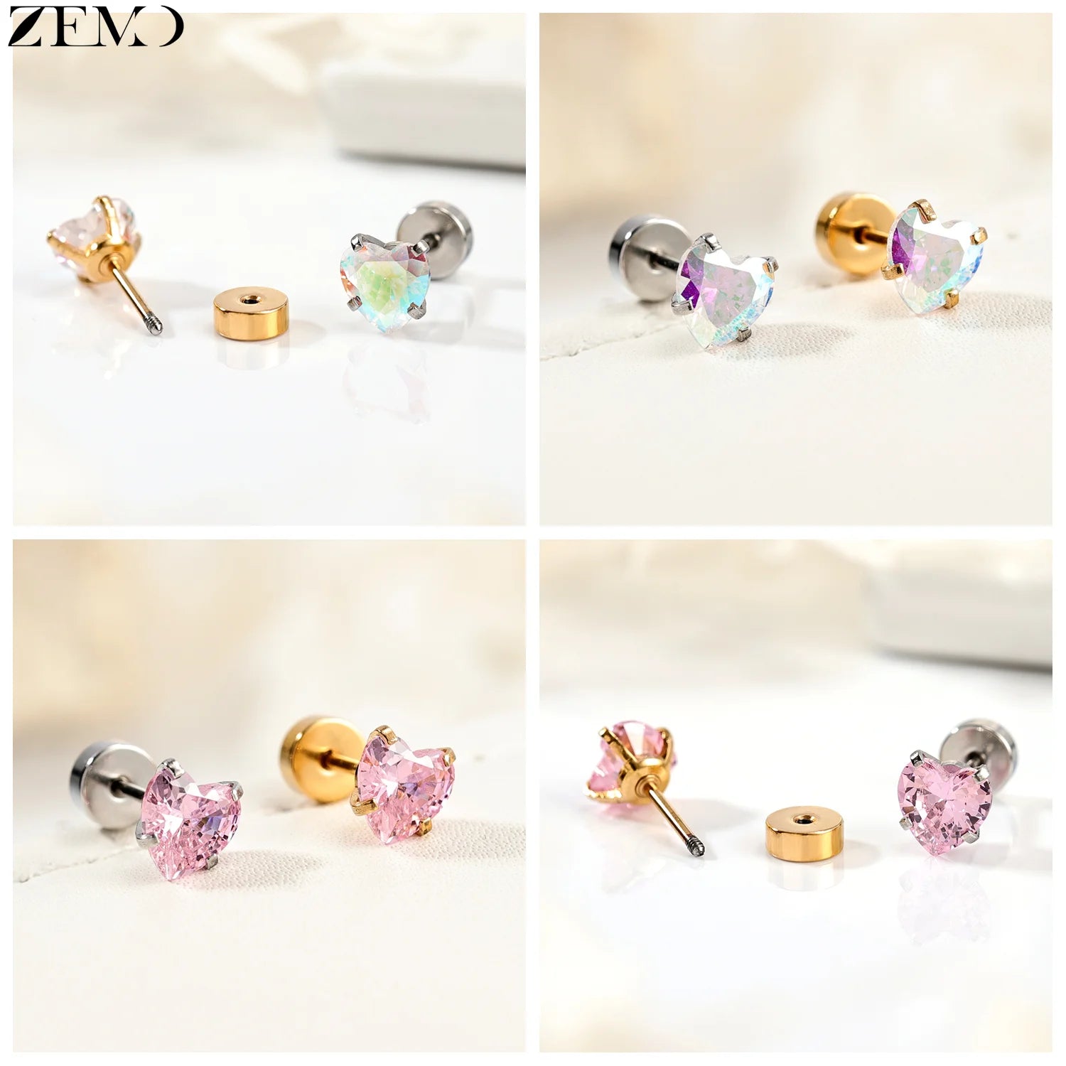 ZEMO 1 Piece 20G Stainless Steel Stud Earrings Women Girls CZ Crystal Ear Studs Flat Back Flower Heart Helix Cartilage Piercings