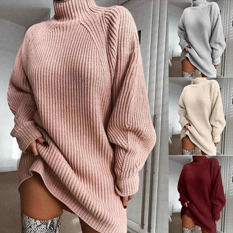 2024 Autumn/Winter New Knitted Sweater Fashionable and Sexy Medium to Long Sleeve Half High Collar Sweater Dress