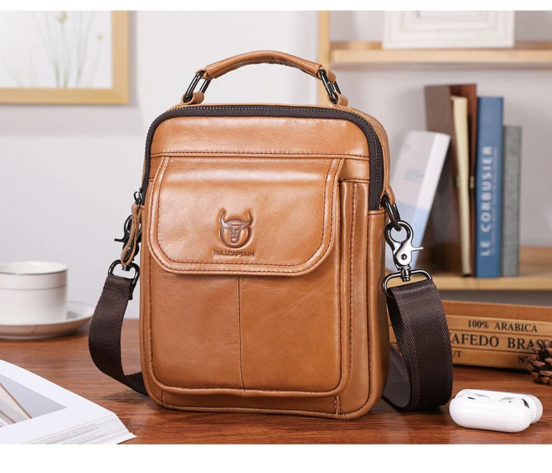 BULLCAPTAIN Men's Genuine Leather Shoulder Bag Multifunctional 7.9-inch Tablet Handbag Retro Casual Crossbody Bag Cowhide