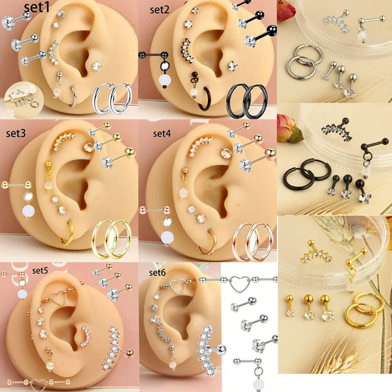 7PCS Tragus Stud Hoop Earring Set Heart Small Stud Set Lobe Piercing Cartilage Stud Helix Jewelry Cz Barbell Piercing Earrings