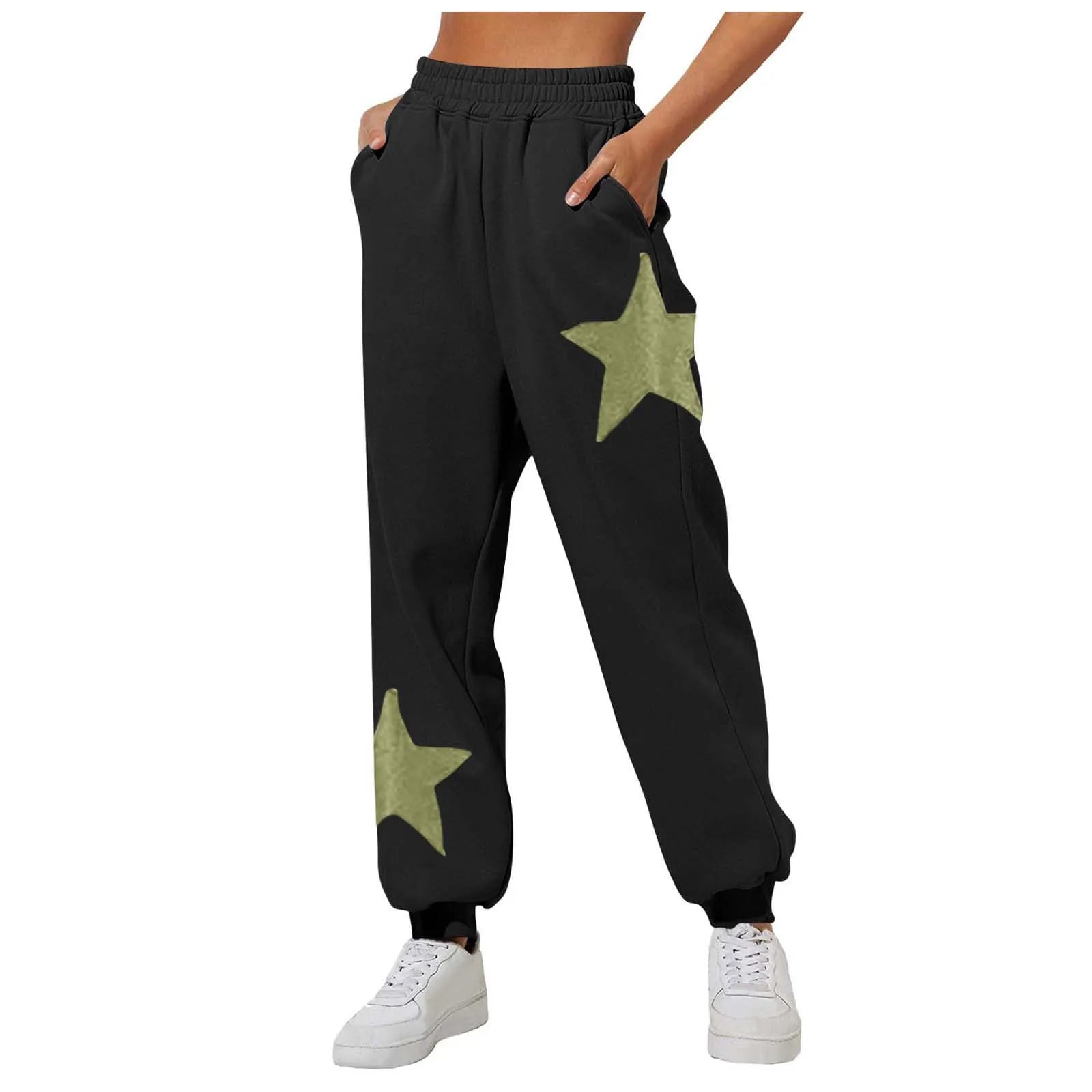 Women'S Casual Fashion Star Print Sweatpants Solid Color Drawstring Pocket Sports Pants High Waist Straight Long Winter Trouser